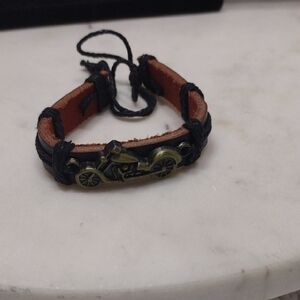 Black Leather with Bronze Motorcycle Charm Bracelet #BA-9